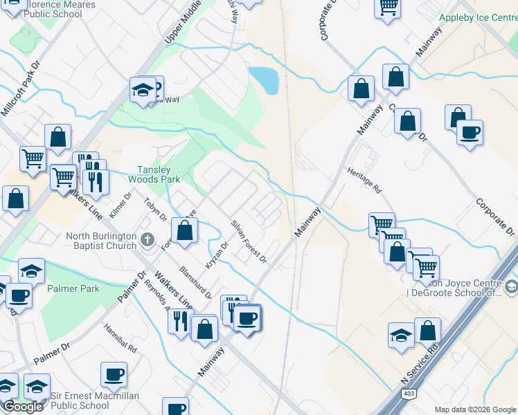 map of restaurants, bars, coffee shops, grocery stores, and more near 4140 Foxwood Drive in Burlington