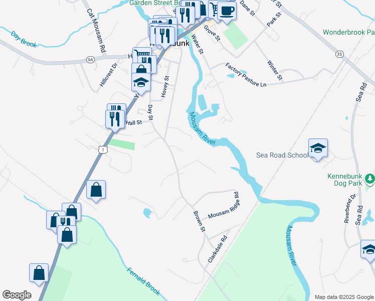 map of restaurants, bars, coffee shops, grocery stores, and more near 2 Running Brook Way in Kennebunk