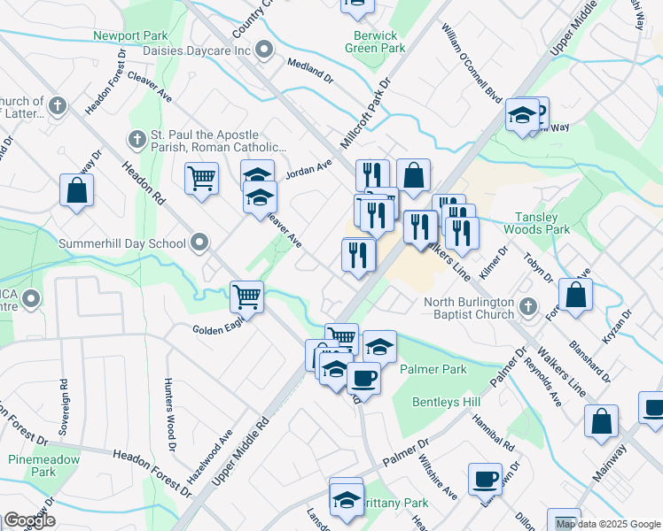 map of restaurants, bars, coffee shops, grocery stores, and more near 2015 Chrisdon Road in Burlington