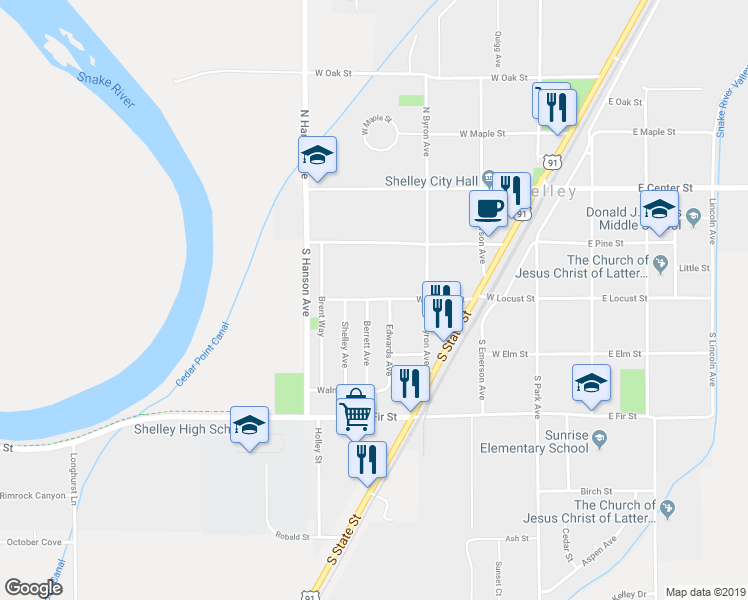 map of restaurants, bars, coffee shops, grocery stores, and more near 386 West Locust Street in Shelley