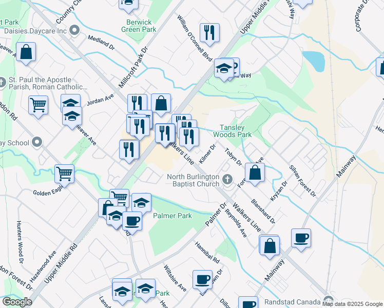 map of restaurants, bars, coffee shops, grocery stores, and more near 4003 Kilmer Drive in Burlington
