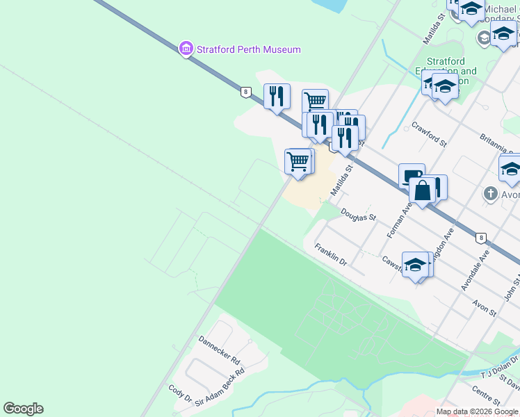 map of restaurants, bars, coffee shops, grocery stores, and more near 7 FORD DRIVE in Stratford