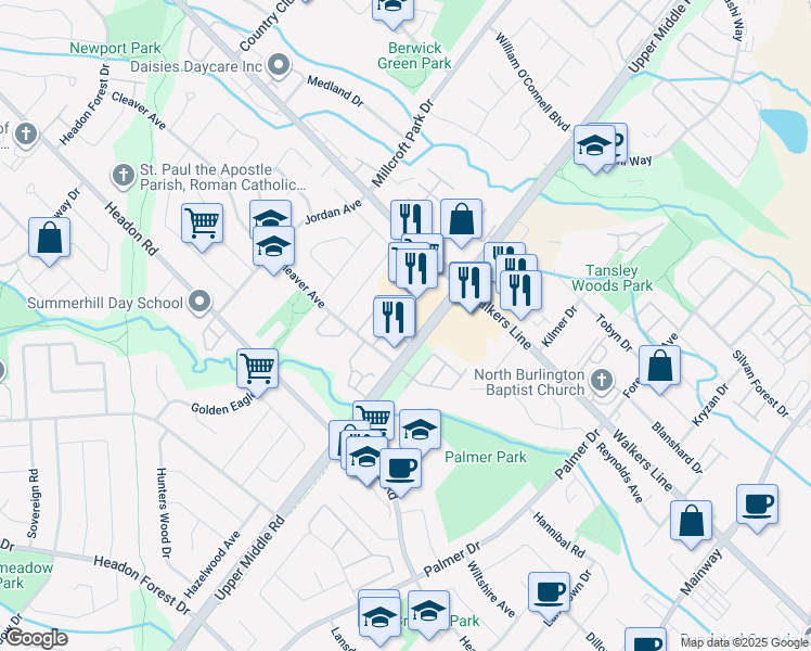 map of restaurants, bars, coffee shops, grocery stores, and more near 3499 Upper Middle Road in Burlington