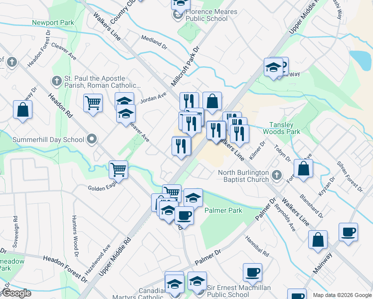 map of restaurants, bars, coffee shops, grocery stores, and more near 3499 Upper Middle Road in Burlington