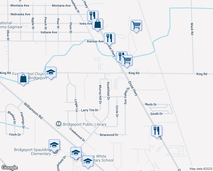 map of restaurants, bars, coffee shops, grocery stores, and more near 3093 Southfield Drive in Saginaw