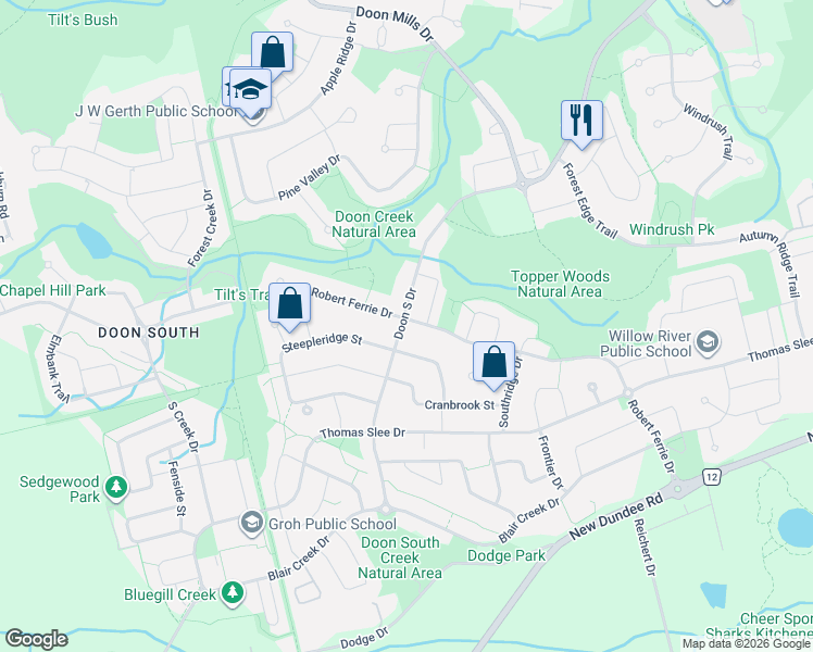 map of restaurants, bars, coffee shops, grocery stores, and more near 500 Robert Ferrie Drive in Kitchener
