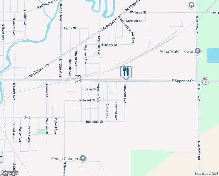map of restaurants, bars, coffee shops, grocery stores, and more near 1306 East Superior Street in Alma
