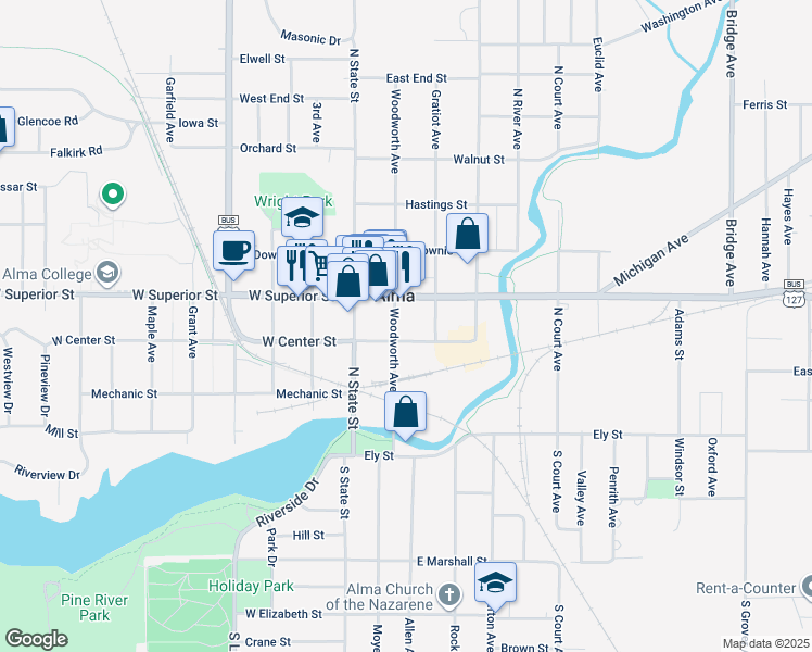 map of restaurants, bars, coffee shops, grocery stores, and more near in Alma
