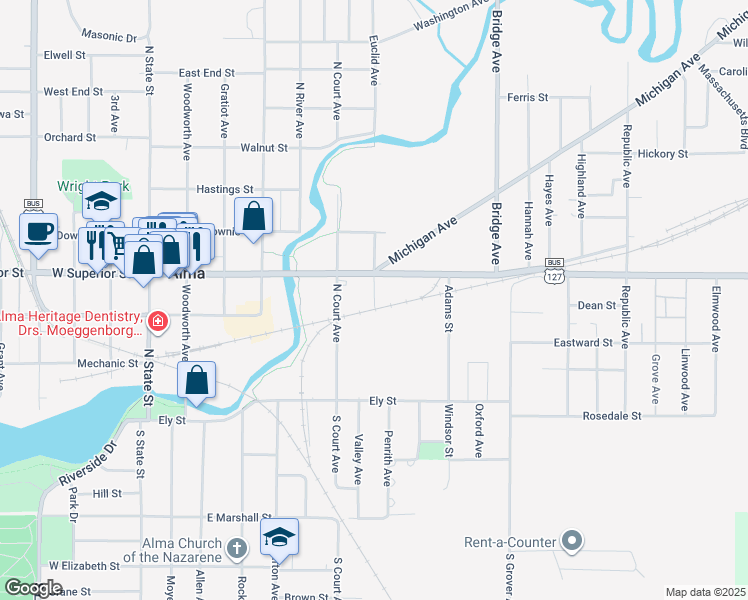 map of restaurants, bars, coffee shops, grocery stores, and more near 319 Euclid Avenue in Alma