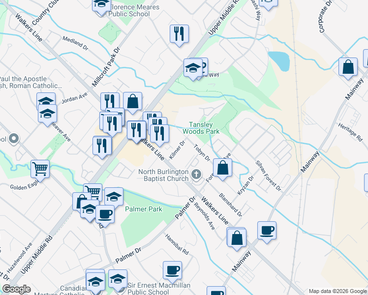map of restaurants, bars, coffee shops, grocery stores, and more near 4016 Kilmer Drive in Burlington