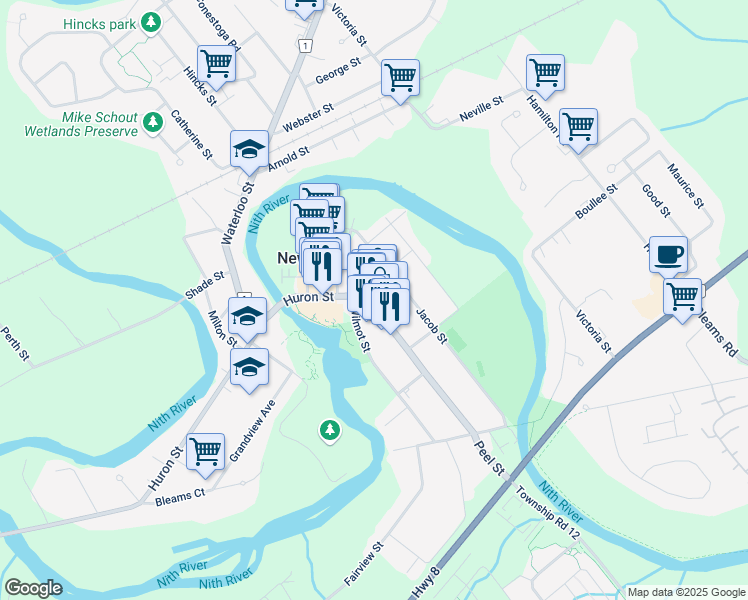 map of restaurants, bars, coffee shops, grocery stores, and more near 19 Seyler Street in New Hamburg