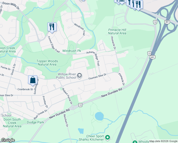 map of restaurants, bars, coffee shops, grocery stores, and more near 119 Ian Ormston Drive in Kitchener