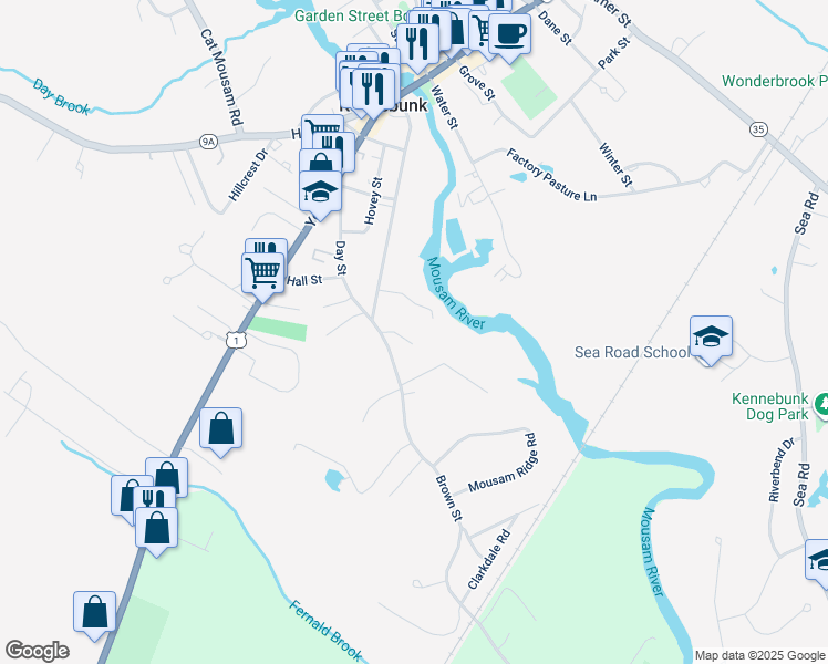map of restaurants, bars, coffee shops, grocery stores, and more near 2 Running Brook Way in Kennebunk