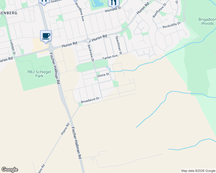 map of restaurants, bars, coffee shops, grocery stores, and more near 39 Georgina Street in Kitchener