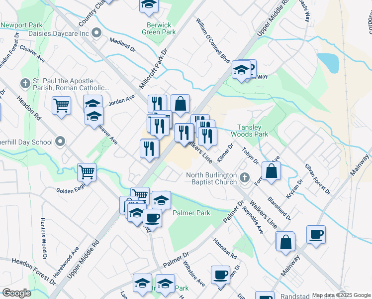map of restaurants, bars, coffee shops, grocery stores, and more near in Burlington