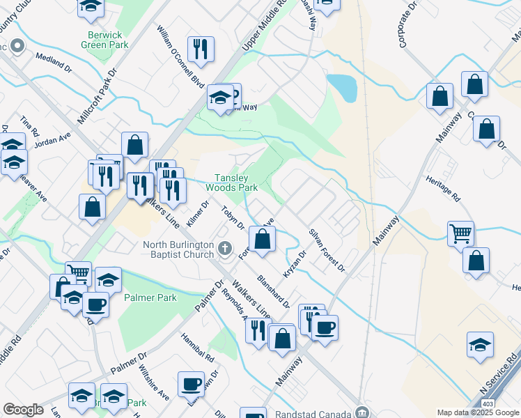 map of restaurants, bars, coffee shops, grocery stores, and more near Unnamed Road in Burlington