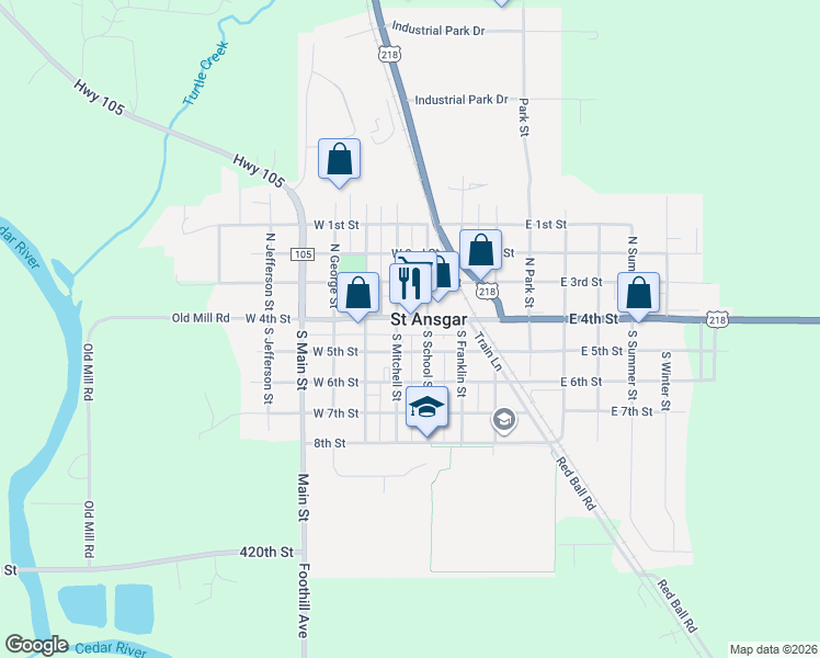 map of restaurants, bars, coffee shops, grocery stores, and more near in Saint Ansgar