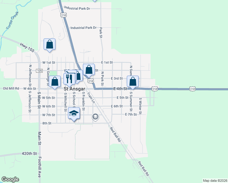 map of restaurants, bars, coffee shops, grocery stores, and more near 401-499 East 4th Street in Saint Ansgar