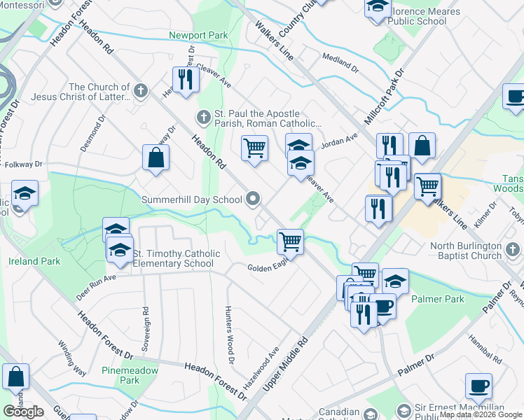 map of restaurants, bars, coffee shops, grocery stores, and more near 2160 Headon Road in Burlington