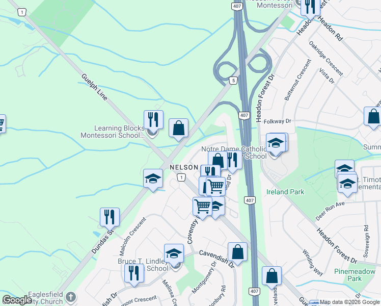 map of restaurants, bars, coffee shops, grocery stores, and more near 3111 Autumn Hill Crescent in Burlington