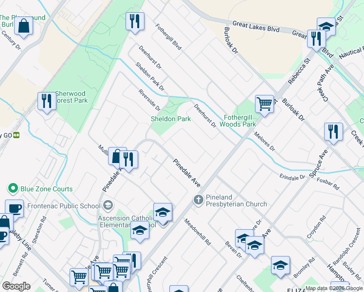 map of restaurants, bars, coffee shops, grocery stores, and more near 533 Kenmarr Crescent in Burlington