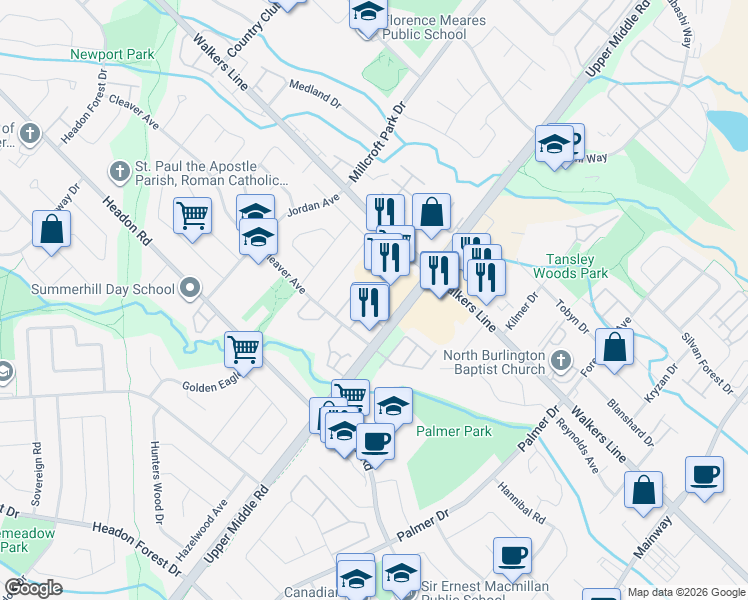 map of restaurants, bars, coffee shops, grocery stores, and more near 2015 Cleaver Avenue in Burlington