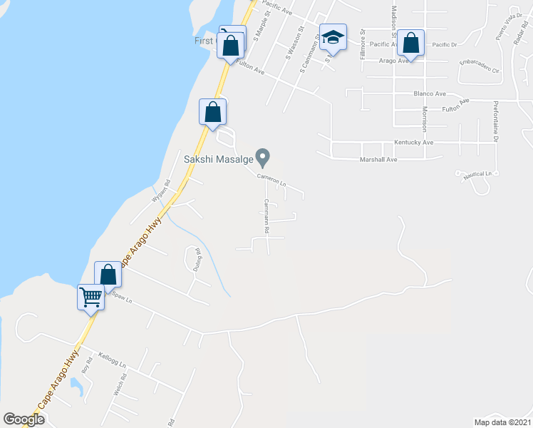 map of restaurants, bars, coffee shops, grocery stores, and more near 64603 Cammann Road in Coos Bay