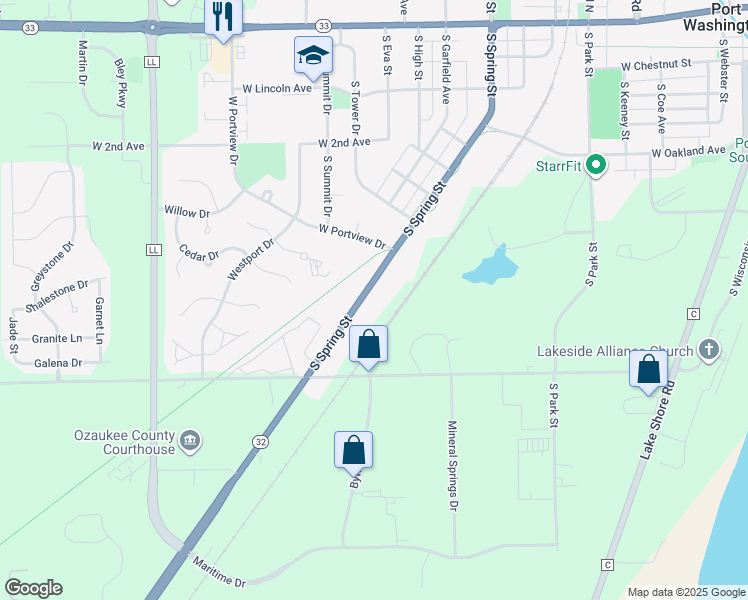 map of restaurants, bars, coffee shops, grocery stores, and more near 910 South Spring Street in Port Washington