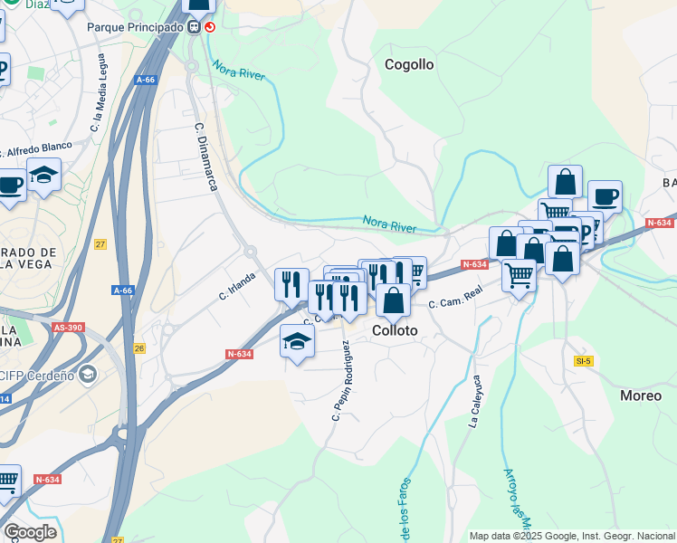 map of restaurants, bars, coffee shops, grocery stores, and more near Calle Zamora in Colloto