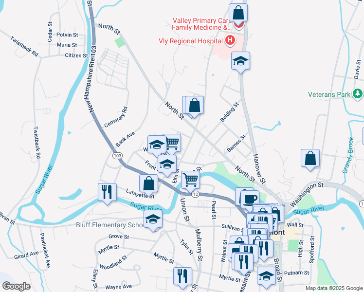 map of restaurants, bars, coffee shops, grocery stores, and more near 60 Elm Street in Claremont