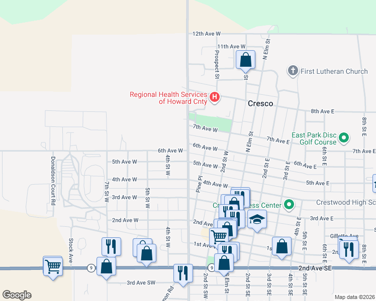 map of restaurants, bars, coffee shops, grocery stores, and more near 300 6th Avenue West in Cresco
