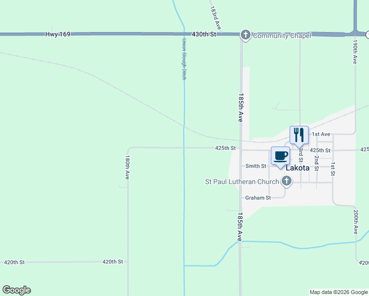 map of restaurants, bars, coffee shops, grocery stores, and more near 1827 425th Street in Lakota
