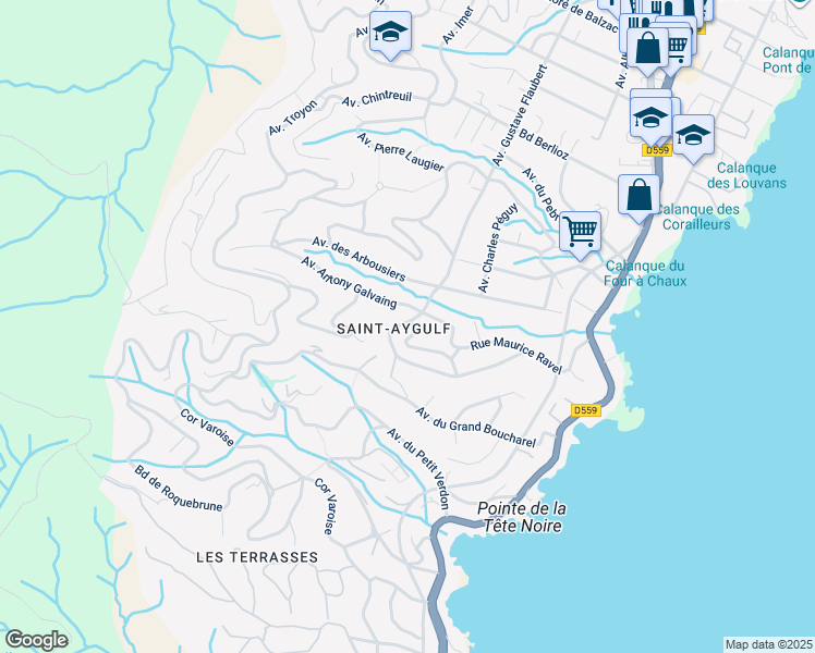 map of restaurants, bars, coffee shops, grocery stores, and more near 580 Avenue Charles Gounod in Fréjus