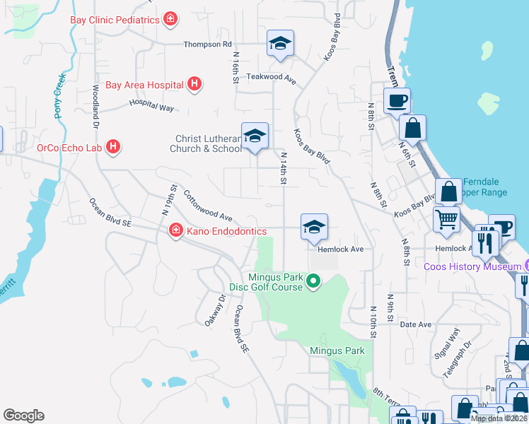 map of restaurants, bars, coffee shops, grocery stores, and more near 1461 Kingwood Avenue in Coos Bay