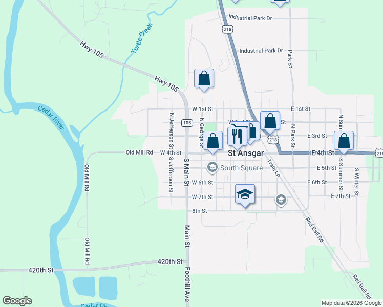 map of restaurants, bars, coffee shops, grocery stores, and more near 513 West 4th Street in St. Ansgar