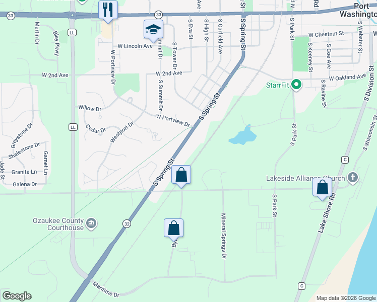 map of restaurants, bars, coffee shops, grocery stores, and more near 910 South Spring Street in Port Washington