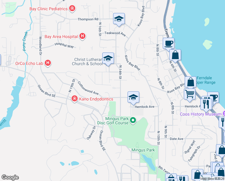 map of restaurants, bars, coffee shops, grocery stores, and more near 1461 Kingwood Avenue in Coos Bay