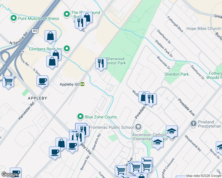 map of restaurants, bars, coffee shops, grocery stores, and more near 5110 Fairview Street in Burlington