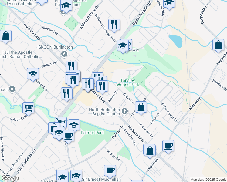 map of restaurants, bars, coffee shops, grocery stores, and more near 4015 Kilmer Drive in Burlington
