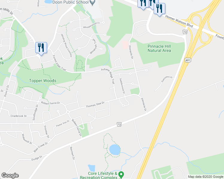 map of restaurants, bars, coffee shops, grocery stores, and more near 127 Autumn Ridge Trail in Kitchener