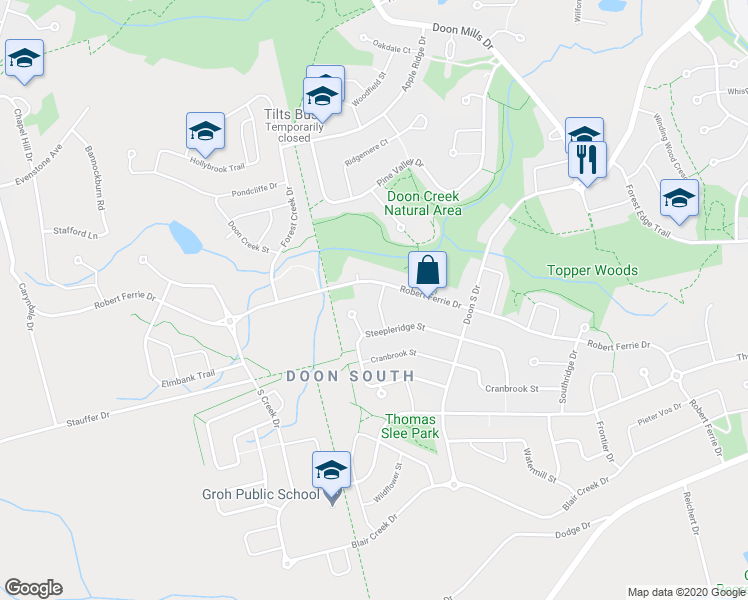 map of restaurants, bars, coffee shops, grocery stores, and more near 18 Bridleridge Street in Kitchener