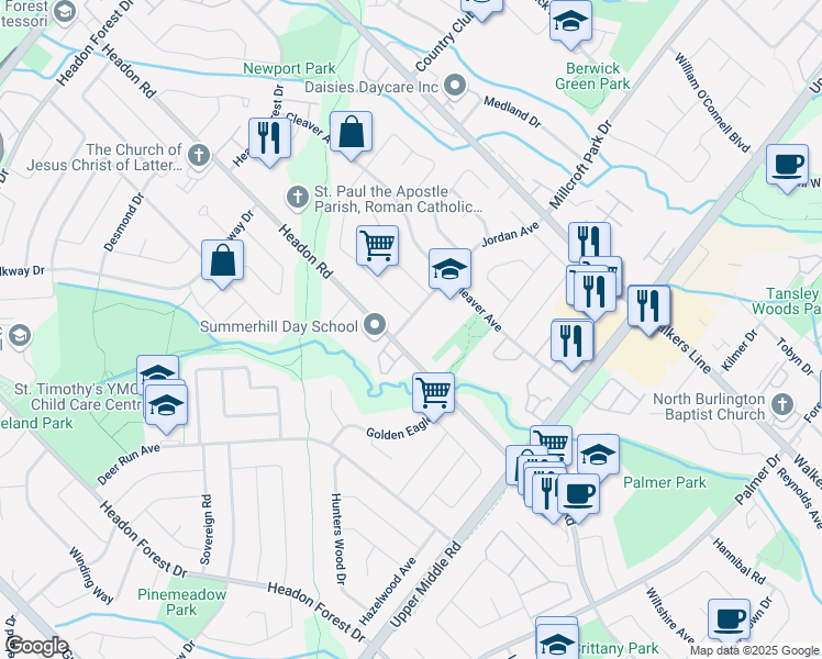 map of restaurants, bars, coffee shops, grocery stores, and more near 3306 Jordan Avenue in Burlington