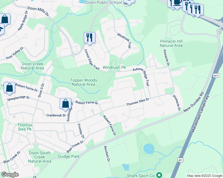 map of restaurants, bars, coffee shops, grocery stores, and more near 55 Monarch Woods Drive in Kitchener