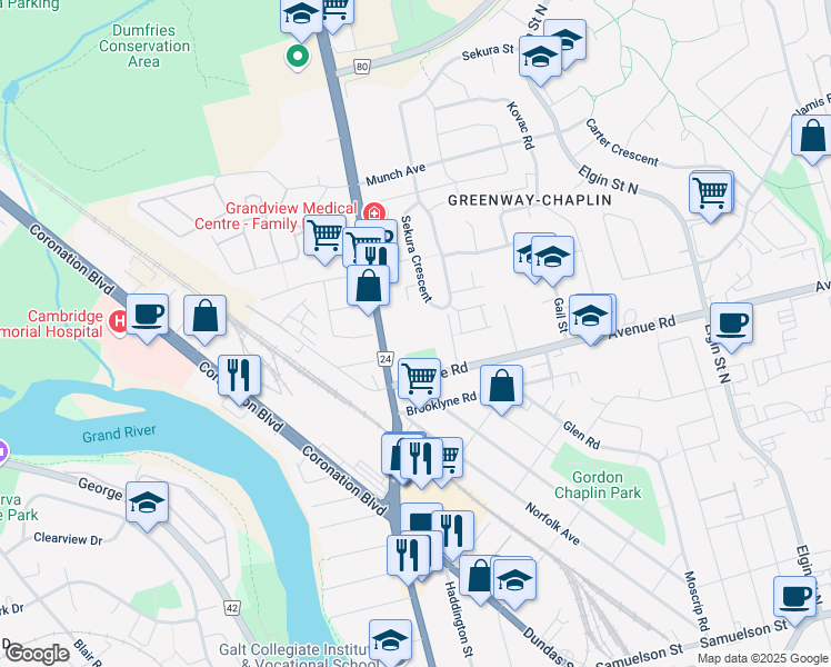 map of restaurants, bars, coffee shops, grocery stores, and more near 127 Hespeler Road in Cambridge