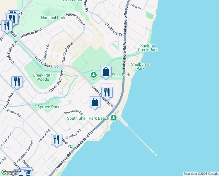 map of restaurants, bars, coffee shops, grocery stores, and more near 3352 Petrie Way in Oakville