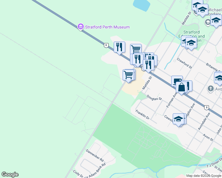 map of restaurants, bars, coffee shops, grocery stores, and more near 26 FORD DRIVE in Stratford