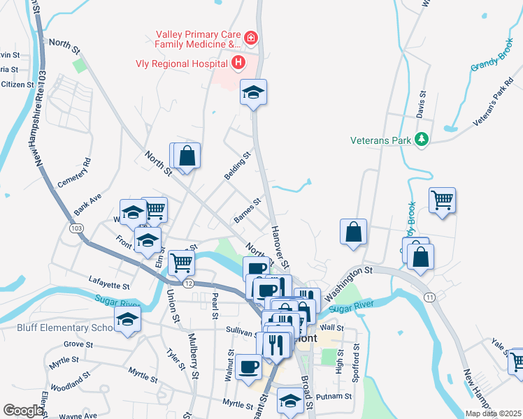 map of restaurants, bars, coffee shops, grocery stores, and more near 64 Hanover Street in Claremont