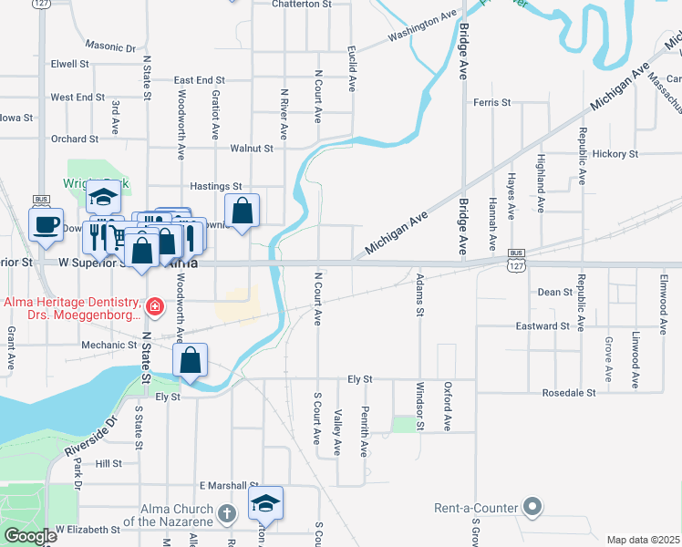 map of restaurants, bars, coffee shops, grocery stores, and more near 319 Euclid Avenue in Alma