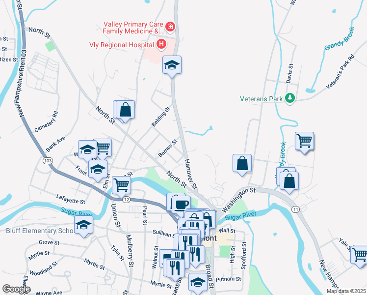 map of restaurants, bars, coffee shops, grocery stores, and more near 64 Hanover Street in Claremont
