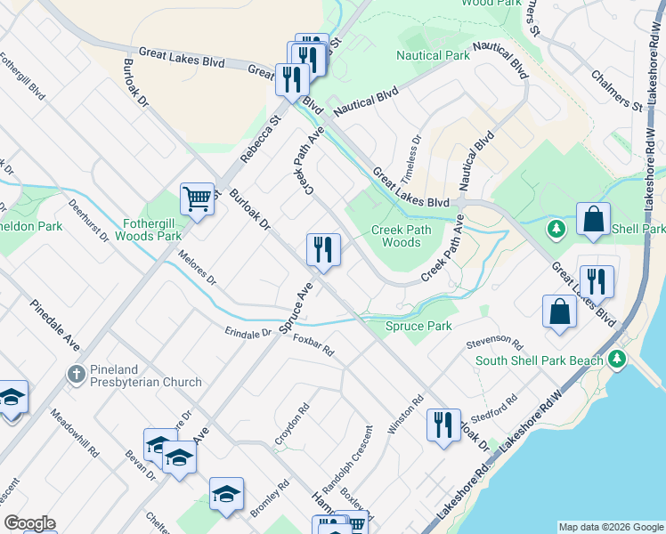 map of restaurants, bars, coffee shops, grocery stores, and more near 3478 Wavecrest Street in Oakville